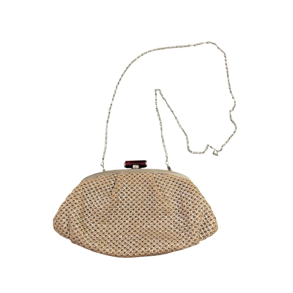Chicos Clutch Crossbody Evening Bag W/Chain Beige‎ MetallicCocktail Party Formal